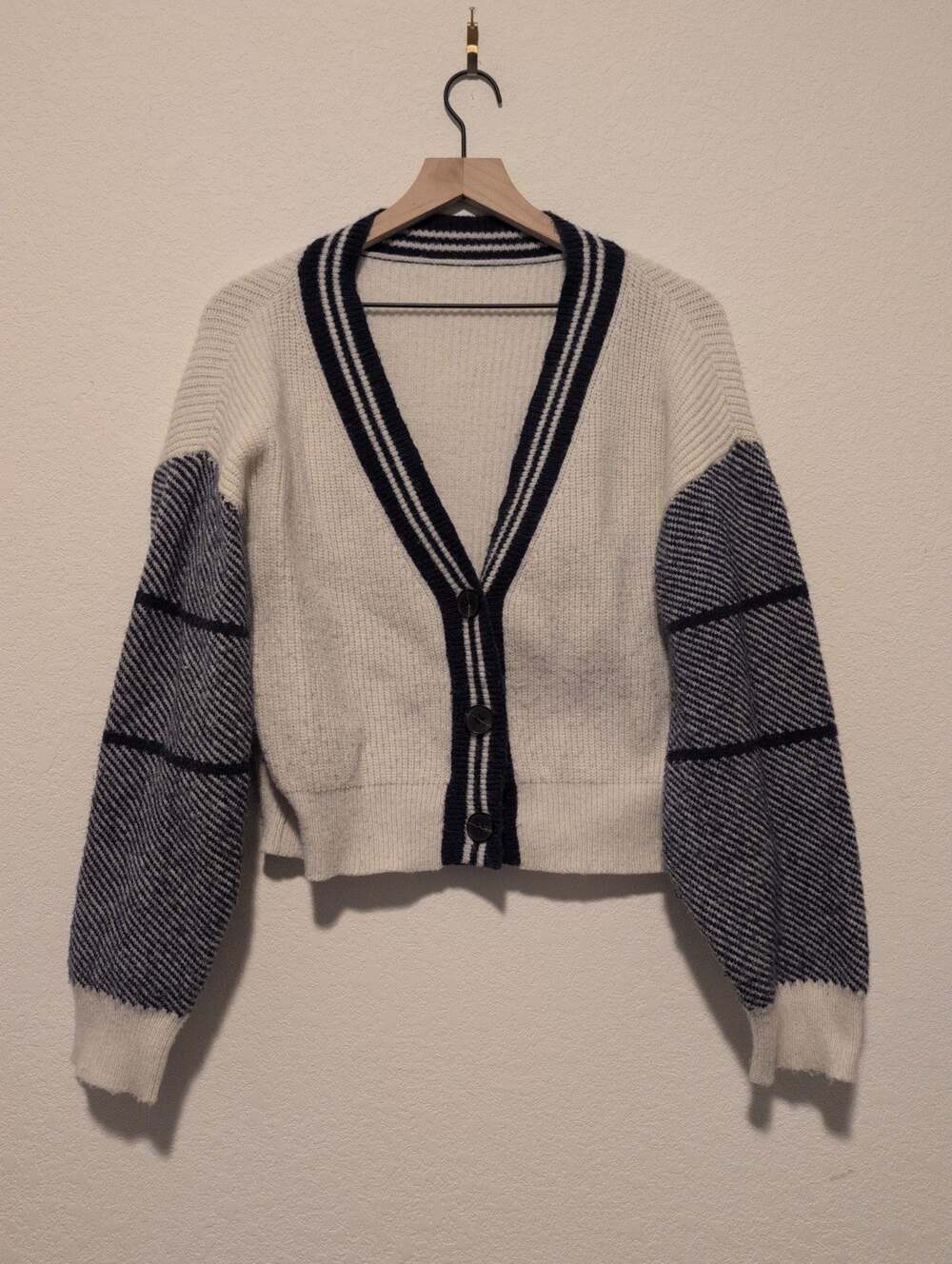Oversized Chunky Collegiate Ivory And Navy Three-button Cardigan From Cider